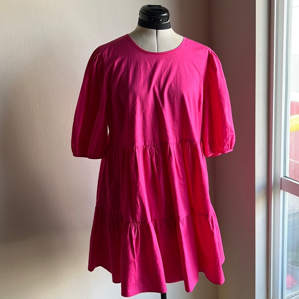 AQUA Bloomingdale’s pink poplin puff sleeve tiered dress - Picture 3 of 8